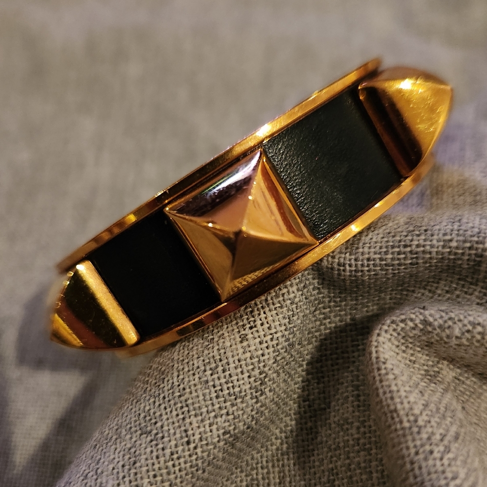HERMES Black Leather Gold Studded Cuff Bangle Bracelet!